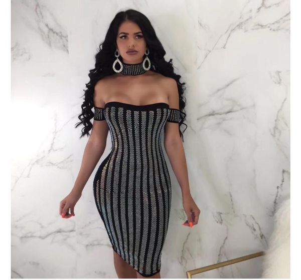 

rayon night party bandage dress rhinestone striped mesh halter strapless mini club vestidos summer black white, Black;gray
