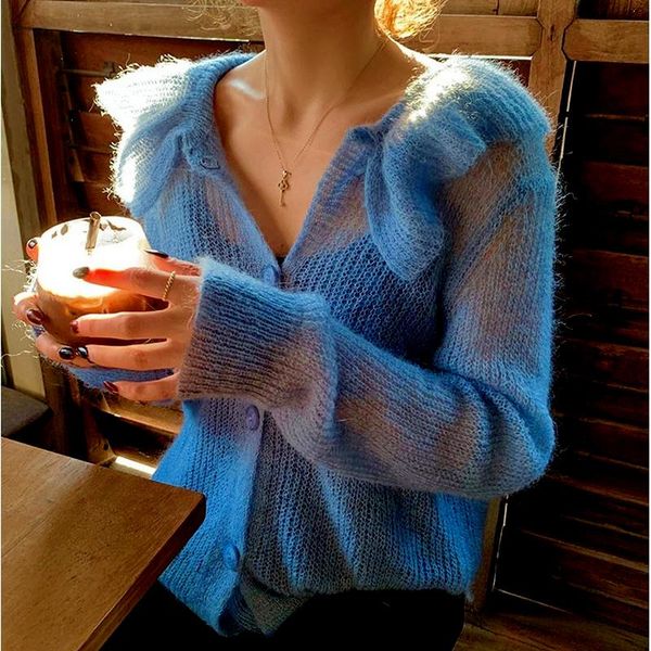 

women's sweaters ruffled collar sweet cardigan 2021 autumn winter mohair thin loose sweater knitted woman clothes truien dames 15947, White;black
