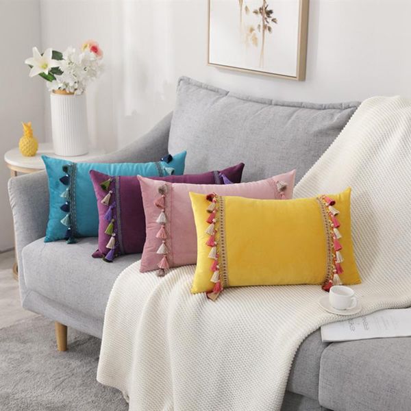 

cushion/decorative pillow 2021 direct selling nordic cushion covers for sofa velvet cover tassels pink green yellow purple throw home