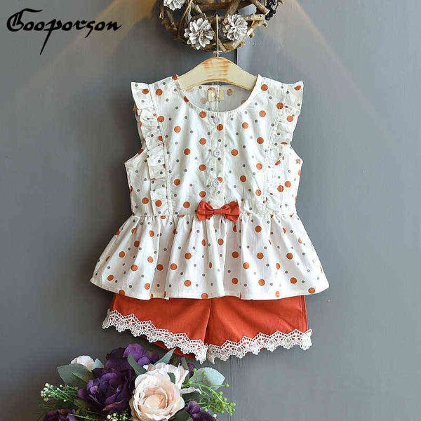 

gooporson fashion summer little girls clothing set dots bow tie shirt&lace shorts girls ruffle outfits cute children clothes g220310, White