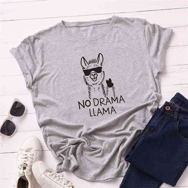 Verão Mulheres T-shirt Plus Tamanho 5XL Algodão Cute Alpaca Animal Impressão Feminina Manga Curta Tshirts Casuais Moda Tops Básico Tees 210623