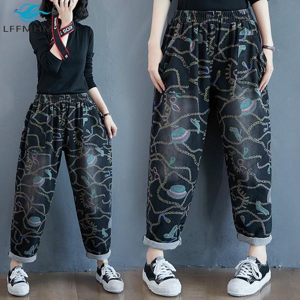 

women's jeans winter fall vintage large size elastic waist full printed harem denim pant lady loose casual trouser female chic cool str, Blue