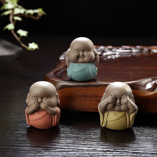 

3pcs/set mini ceramic buddha statues little monk furnishings small fat monk sculpture home teahouse deskdecor tea pets