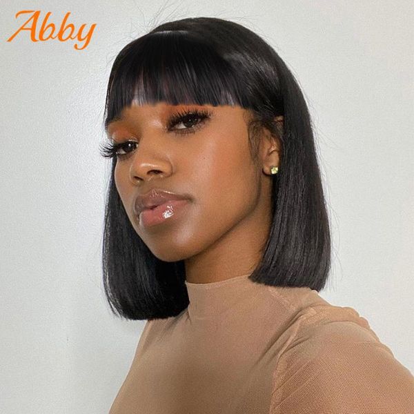 

lace wigs straight human hair short bob wig with bangs full machine made glueless fringe for women natural color, Black;brown