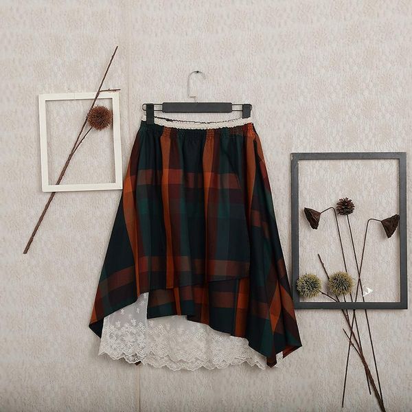 

skirts japan mori girl autumn cotton linen retro plaid skirt cute lolita elastic waist lace novelty faldas mujer women, Black