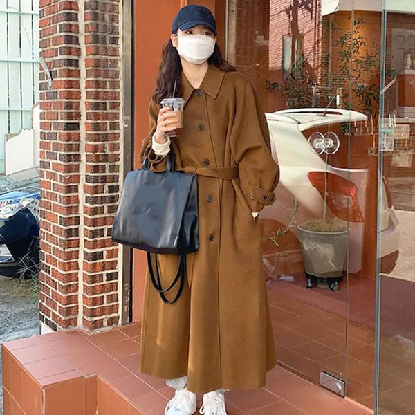 

women's wool & blends [ewq] korea chic autumn and winter temperament lapel single breasted lace up waist long lantern sleeve woolen coa, Black