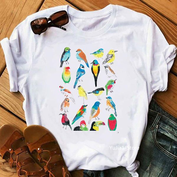 

women's t-shirt bird animal print white female summer harajuku cute street wear