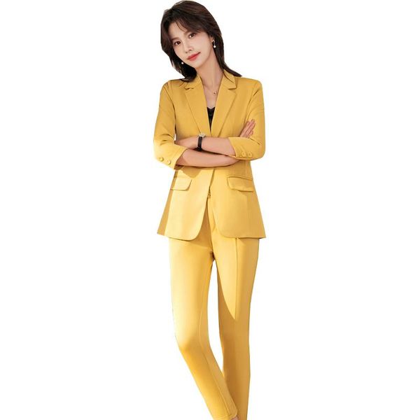 

women's two piece pants women yellow blue black red blazer and trouser pant suit office ladies female summer formal work half sleeve se, White