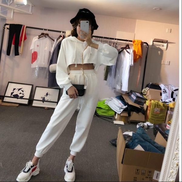 

girls fashion casual suit student summer loose cool solid jacket pants two paper dress suit dress two piece suit with hood, White;black