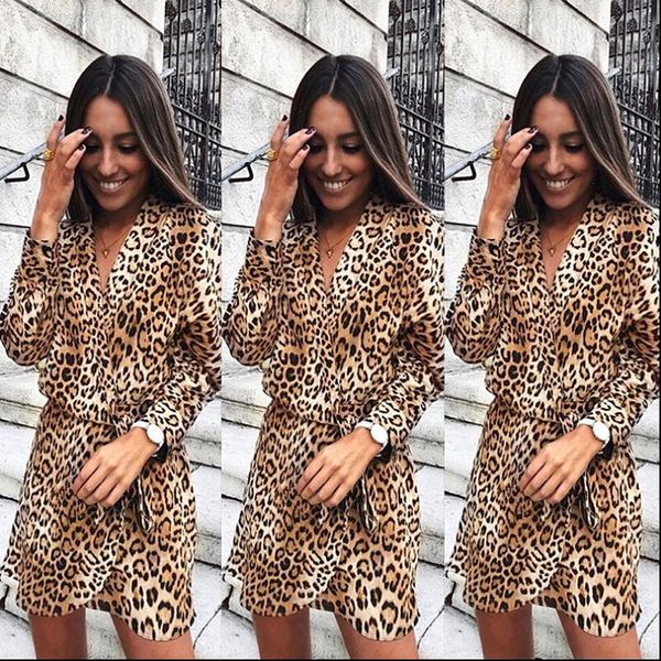 

party dress women v neck leopard print shirt dress 2021 spring summer office elegant ladies wrap loose mini dress, Black;gray