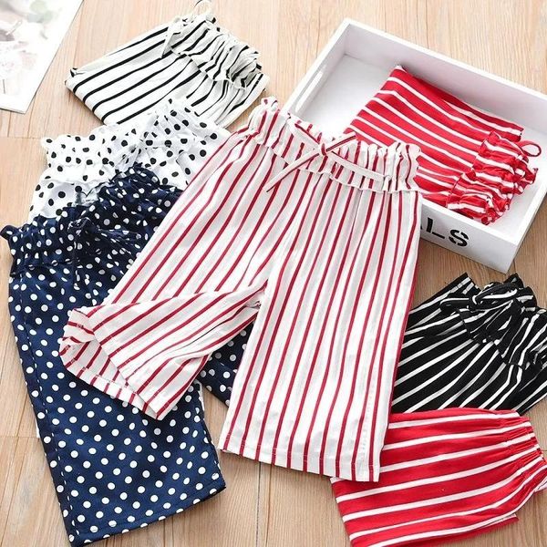 

trousers 2-10 years old girls fashion striped wide-leg pants spring loose cropped baby stretchy casual children's, Blue
