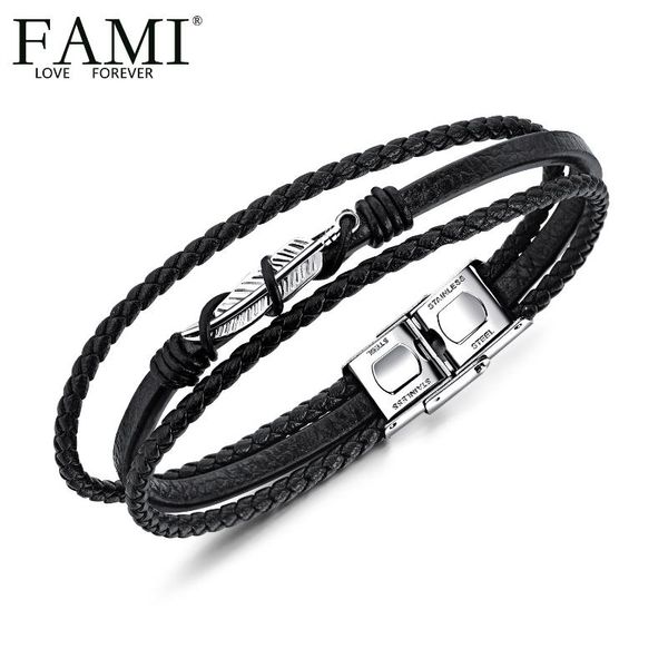 

bangle fami bracelets titanium steel feather men's leather bracelet retro multi-layer woven rope jewelry, Black