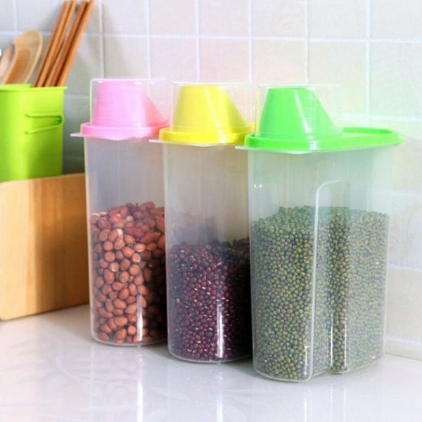 

protable clear 1.9/2.5l cereal storage box with lid measuring cup plastic storage dispenser for cereals kitchen supplies