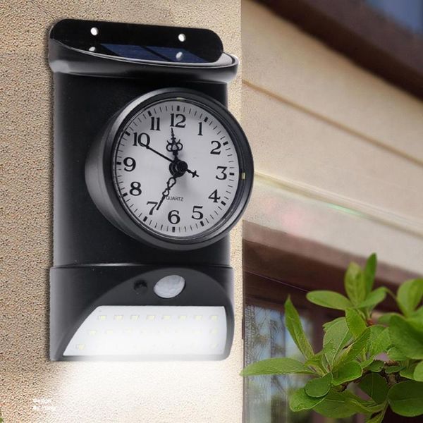 

2pcs solar powered porch light wall mount clock hygrometer thermometer sensor led wall light outdoor waterproof solar