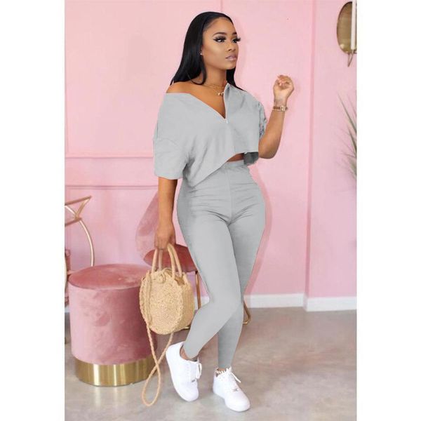 

fashion women two piece set front zipper half sleeve crop long pants biker set tracksuit outfits solid 5 color, Gray