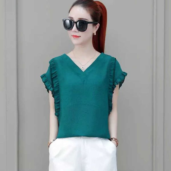 

women summer backless chiffon blouses shirts lady casual short ruffles sleeve v-neck blusas df2869 210609, White