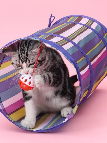 

cat toys pet collapsible tunnel toy with hang bell ball design interactive for indoor kitten great curiosity, 2color