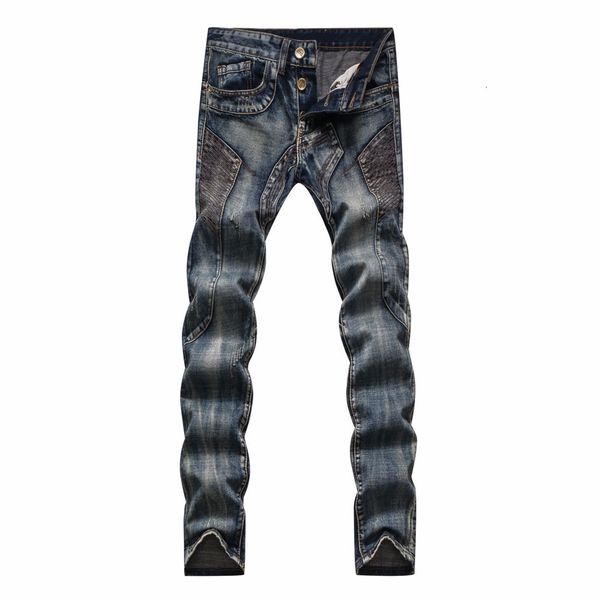 

2021 men's male vintage patchwork washed jeans casual pocket spliced buttons fly slim straight denim pants long trousers w06e, Blue
