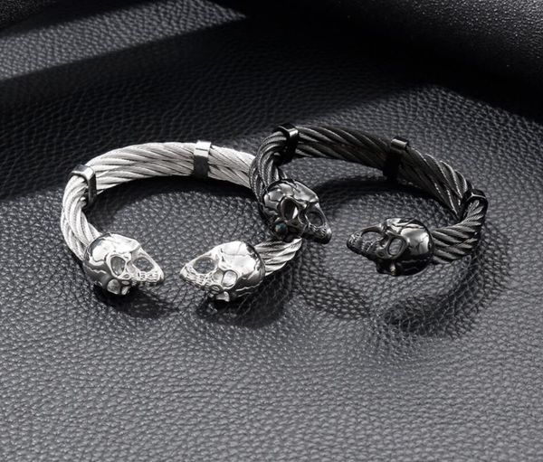 

punk mens double skull end wire chain bangle cuff men's stainless steel bracelet 65mm inner silver/ black, White