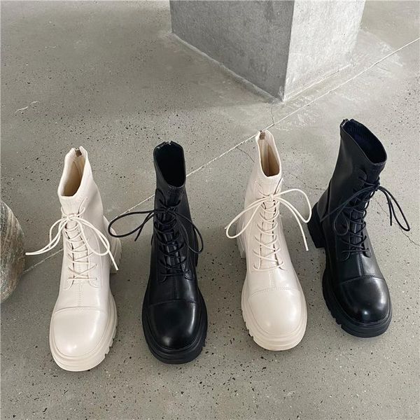 

boots dxfan med thick heel solid lace up ankle women 2021 soft faux leather chunky platform motorcycle shoes, Black