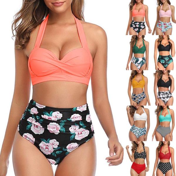 

2021 fashion women vintage swimsuit two pieces retro halter ruched high waist print bikini set black polyester swimwear 2021 #6