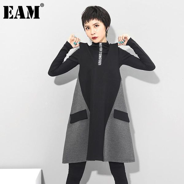 

casual dresses [eam] women black contrast color temperament dress v-neck sleeveless loose fit fashion tide spring autumn 2021 1dc428, Black;gray