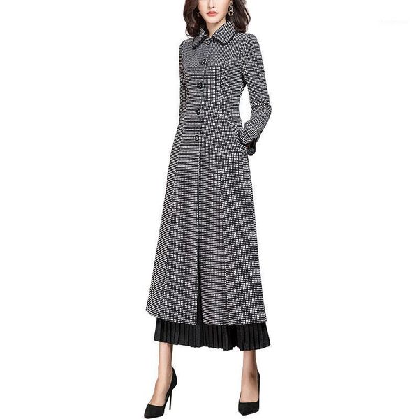 

women's wool & blends 2021 spring and autumn casual single breasted long plaid woolen coat for woman, Black