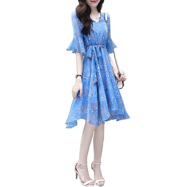 

women's summer dress 2021 new mid long fashion blue floral print vestido, White