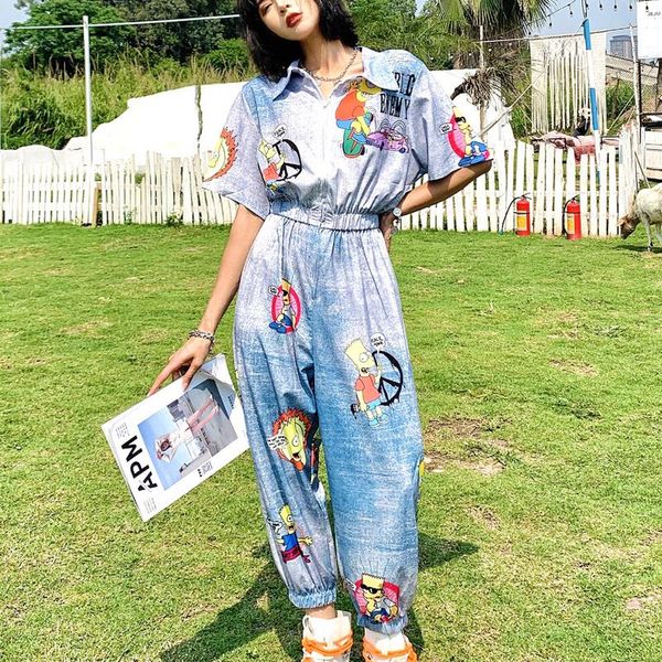 

women's jumpsuits & rompers 3 designs ladies elegant short sleeve jumpsuit cartoon pattern high waist playsuit turn down collar one pie, Black;white