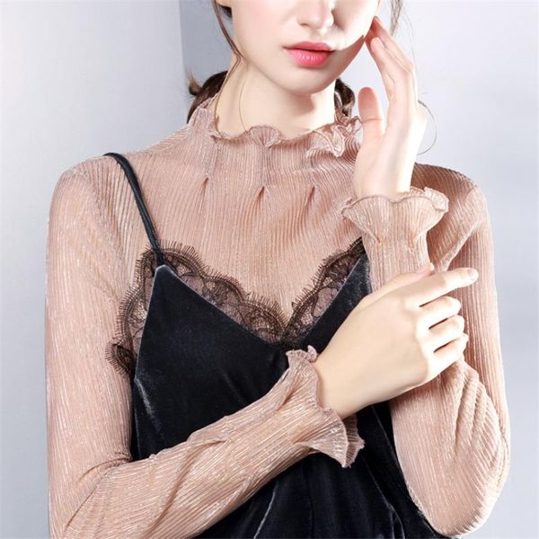 

women's blouses & shirts 2021 fashion spring women lace turtleneck mesh all-match ladies pullovers brief autumn bottomings wz898, White