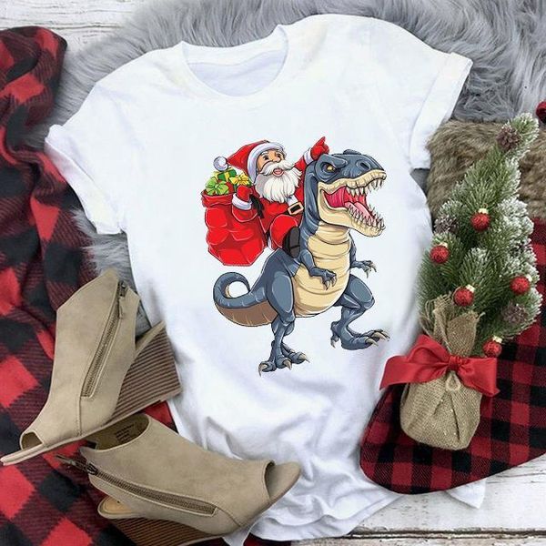 

santa claus riding dinosaur print tee shirt funny merry christmas gift ulzzang t shirt men all seasons suitable tshirt, White