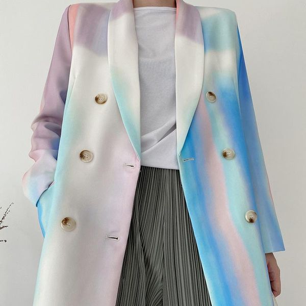 

women's suits & blazers women 2021 fashion double breasted tie-dye print blazer coat vintage long sleeve pockets female outerwear chic, White;black