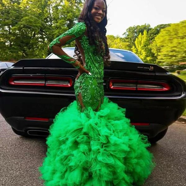 

glitter green evening dresses equins long sleeves multilayered ruffles prom gown custom made formal floor length african vestido de novia, Black;red