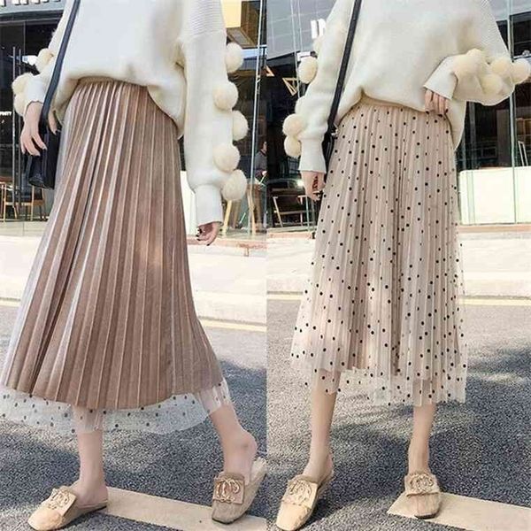 

tigena reversible tulle velvet women fashion spring elegant polka dot long female high waist pleated midi skirt, Black;gray