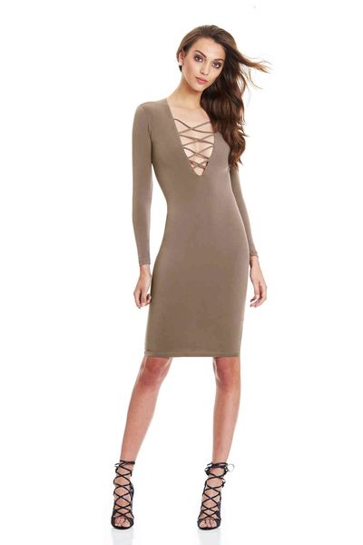

women bandage hollow out dress long sleeve v neck bodycon dresses famale solid color clothes, Black;gray