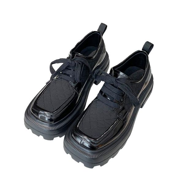 

women loafers square toe lace up thick bottom platform wedge shoes casual comfortable heel shoes silk genuine leather cozy pumps, Black