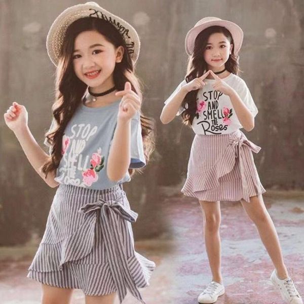 

clothing sets girls summer fashion cotton t-shirt + skirt 2pcs little princess suit 3 4 5 6 7 8 9 10 years old kids clothes, White