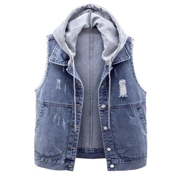 

women's vests cowboy vest women short coat 2021 spring autumn hooded female waistcoat sleeveless denim jacket loose outwear, Black;white