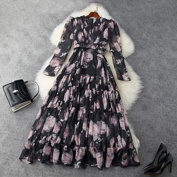 

new vintage v-neck sleeve pleated long es for women 2021 summer runway designers elegant printed chiffon maxi z7d4, Black;gray