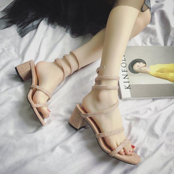 

sandals 2021 summer sale of women's shoes med rhinestone open toe block heels suit female beige medium peep, Black