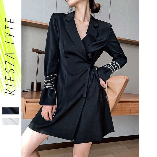 

black blazer dress lace up bodycon long sleeve diamonds chain office ladies jacket female outfit autumn clothing 210608, White;black