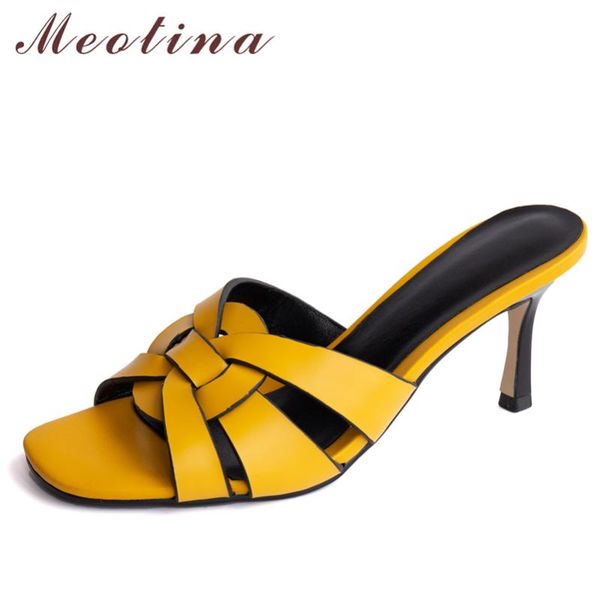 

sandals meotina women genuine leather shoes thin high heels square toe slides narrow band slippers summer ladies footwear yellow, Black