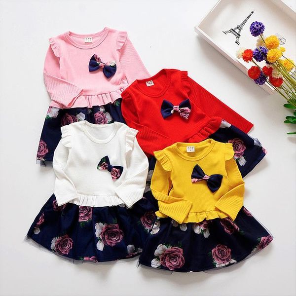 

1 to 6 yrs spring girl dresses autumn toddler long sleeve floral bow kids for girls fashion clothing, Red;yellow
