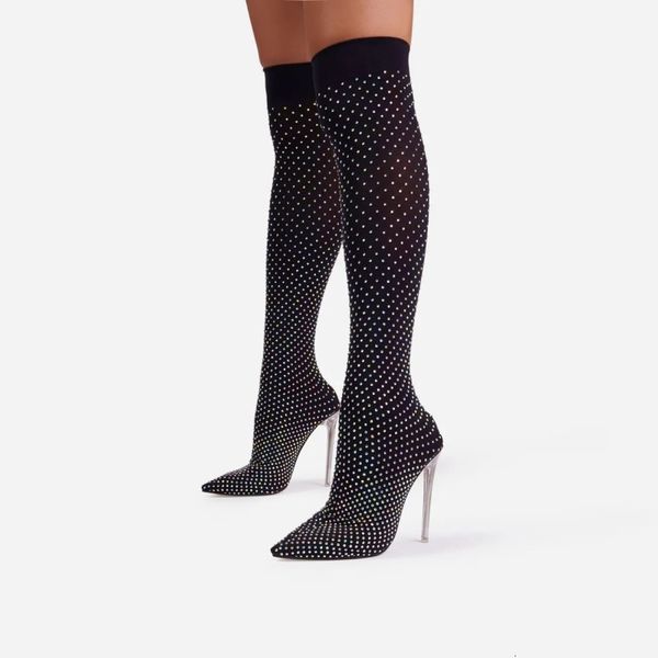 

boots botas femininas de cristal multi cor sobre o joelho transparente 12cm salto alto meia longa bota dedo do pÃ© pontiagudo fishnet senhora, Black