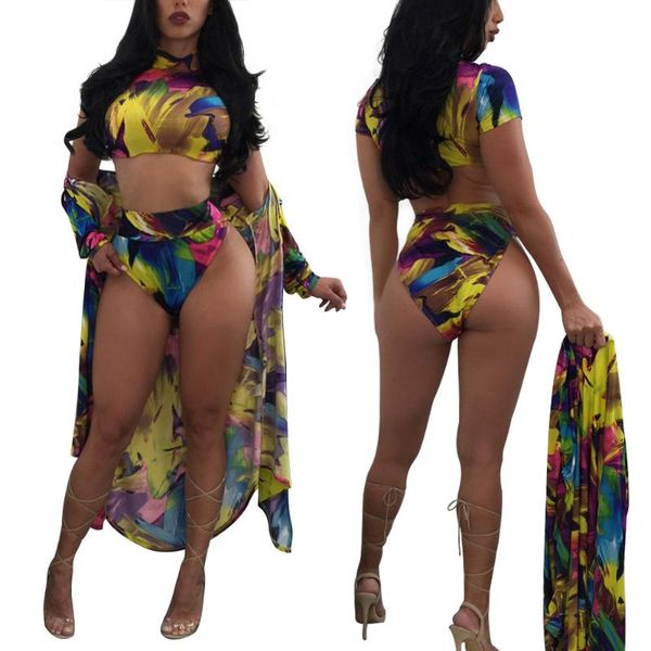 

women's swimwear women high waist 3pcs swim suit bikini set swimsuit+swimwear cover-ups beach dress floral printed beachwear sundress, White;black