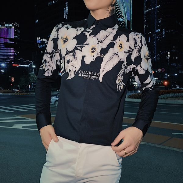 

black/white men's shirts dressed in long sleeve 2021 spring new fingerprint casual blouse homme all the streetwear tuxedo games 4vnt, White;black