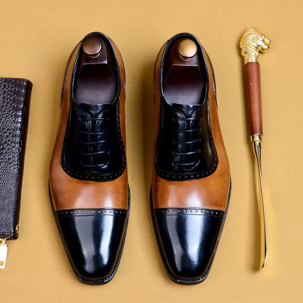 

vintage mens brogues shoes plain toe combinations wingtip business formal shoes men lace up dress party shoes for men a53, Black