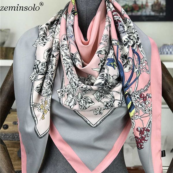 

130*130cm scarves for women floral printed silk scarf large square scarves female bandana fashion hijab kerchief shawls q0828, Blue;gray