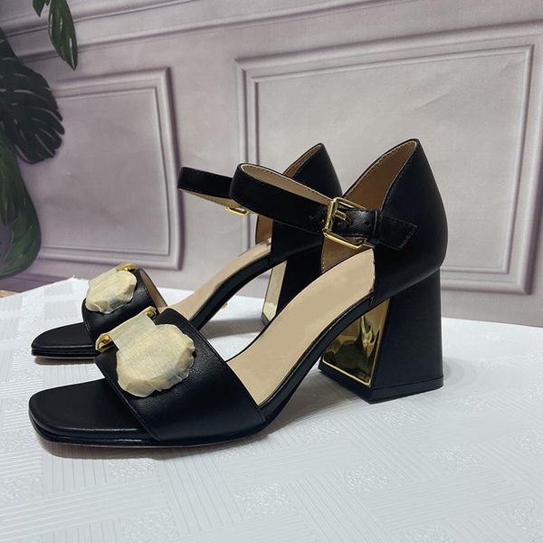 

2021luxury heels sandals women designer buckle chunky heel sliders shoes genuine leather heeled womens shoe big size sandal 35-42, Black