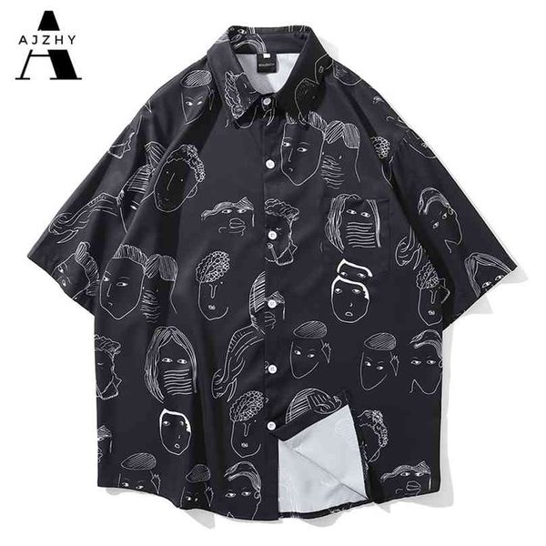 

anime print hawaiian shirts men streetwear hip hop harajuku casual tropical beach short sleeve shirt summer fashion male 210626, White;black